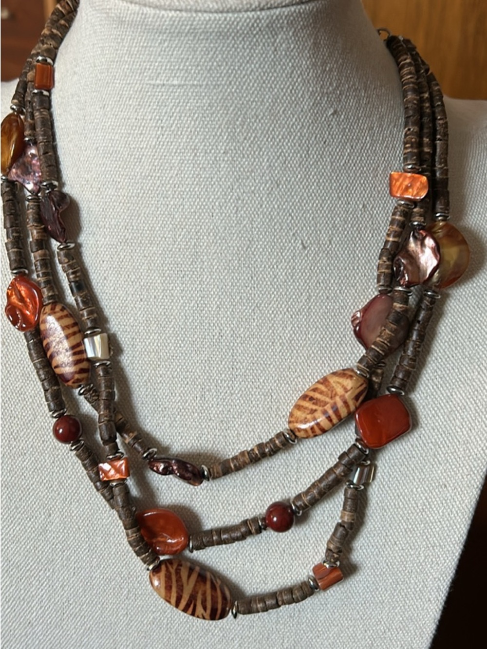 Wood Wood Triple-Layer Brown and Orange Bead Necklace